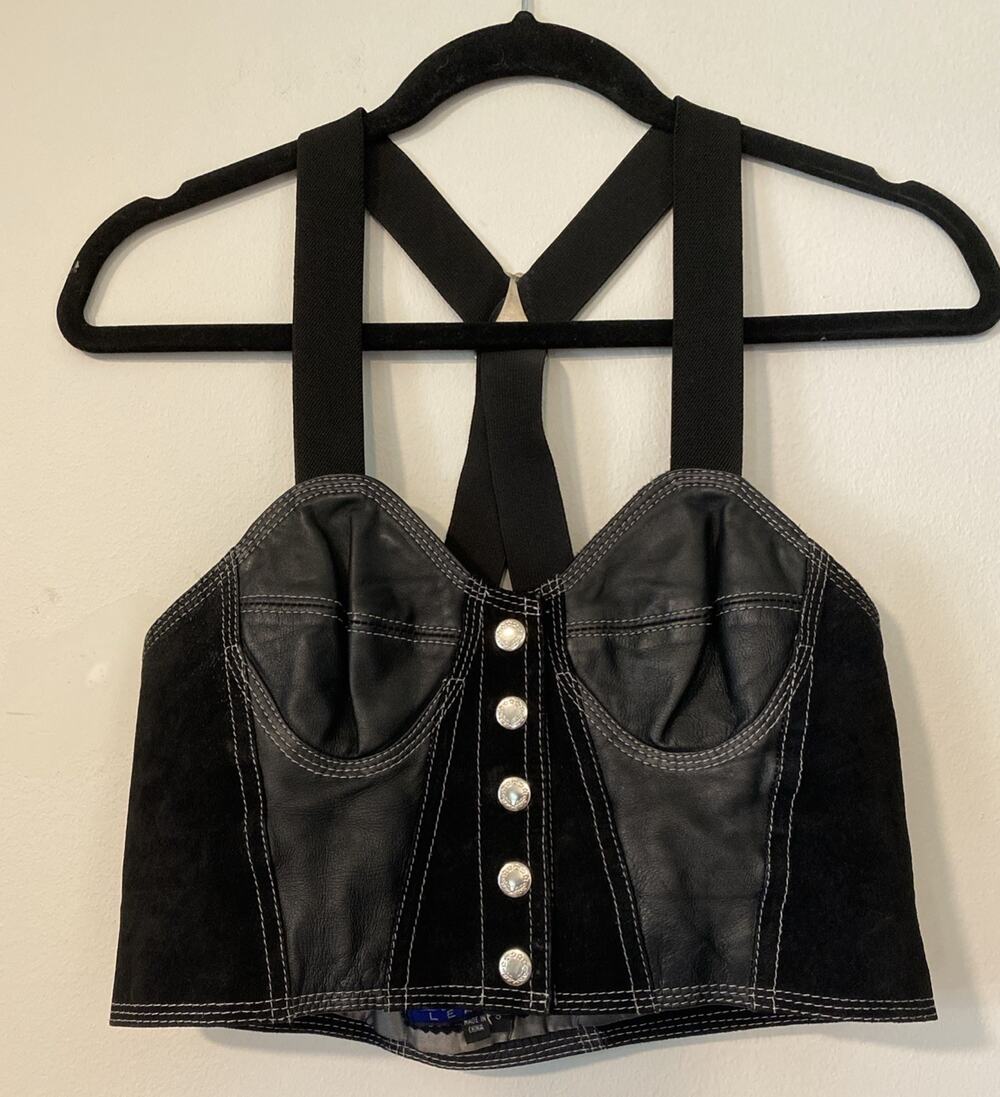 Vintage Beyond Leather Black Leather Biker Bralette Crop Top Bustier Sz Small (K